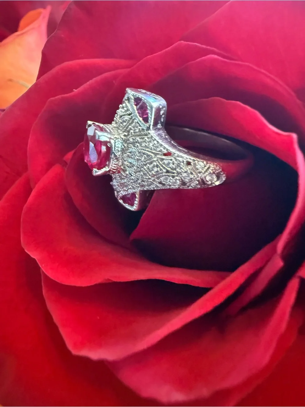 Vintage Engagement Style 925 Sterling Silver Lab Ruby CZ Cluster Ring Size 7